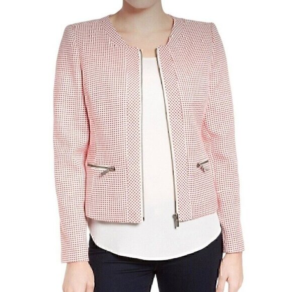 HALOGEN Zip Front Collarless Tweed Jacket Red White Checkered Geo Preppy Office - Picture 1 of 13